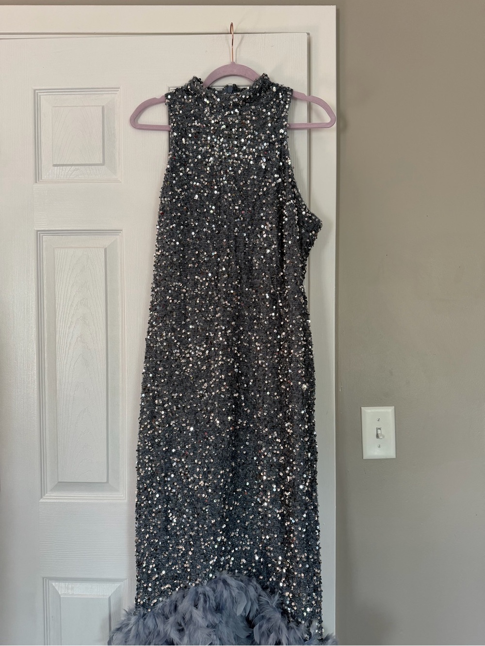 Fashion Nova Grey Full Sequin Fur Maxi Dress Mock Neck - Picture 3 of 12